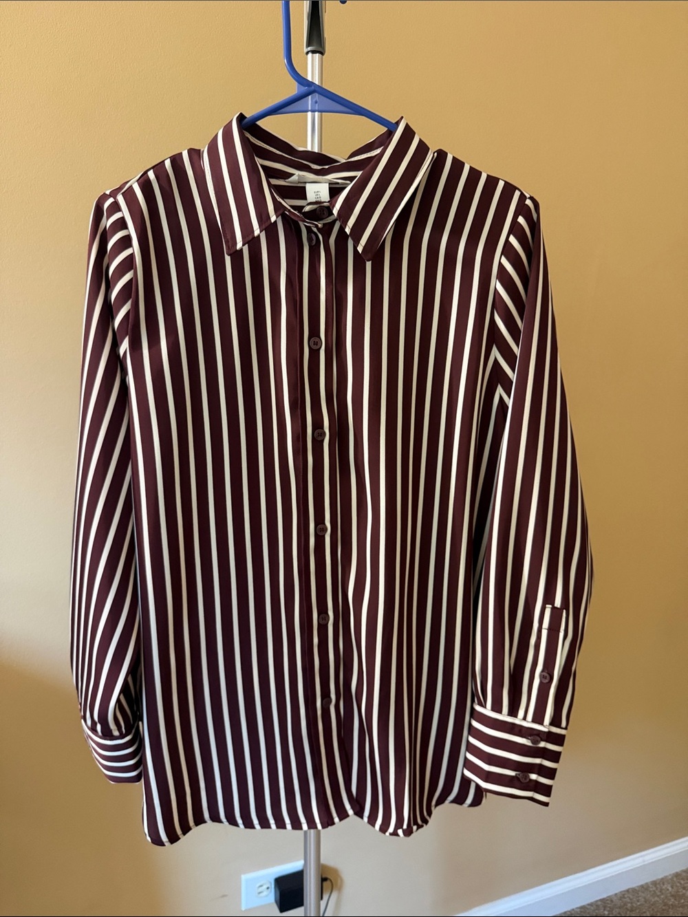 H&M Burgundy and White Striped Button-Up Blouse